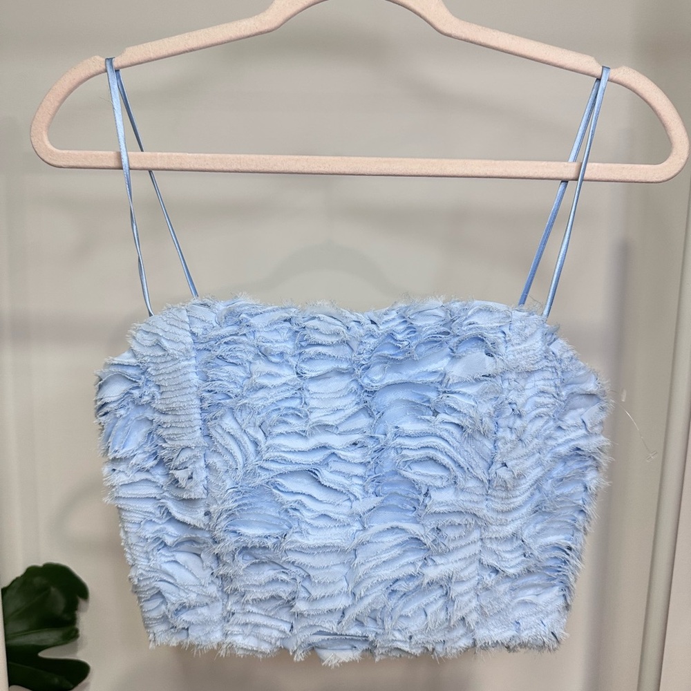 Massimo Dutti Studio Textured Fringe Crop Top – Powder Blue XS NWT